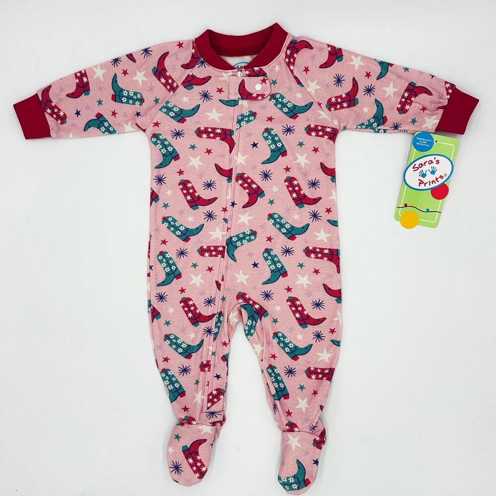 NWT Sara’s Prints Baby Girls Footed Pajamas Size 6M Western Boots Print